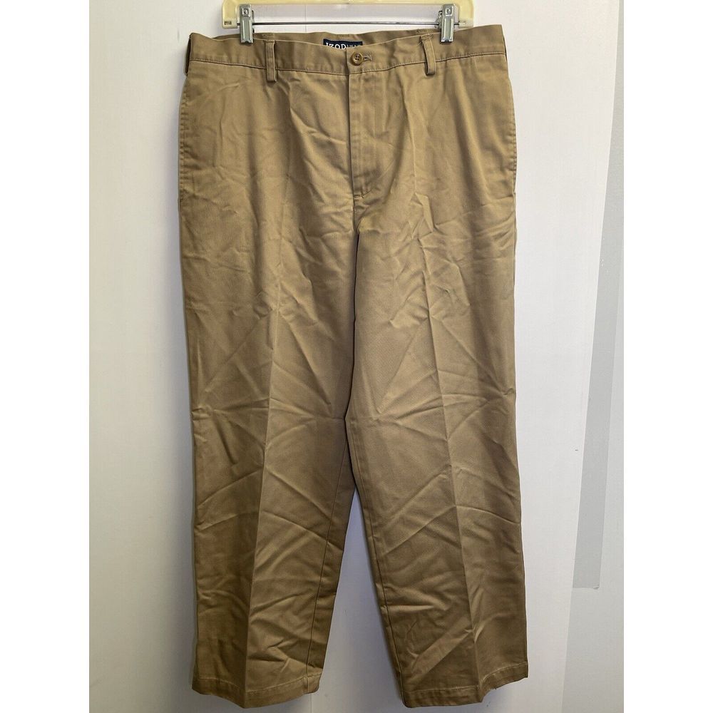 IZOD Flat Front Straight American Chino Pants 36X30‎ Khaki Beige Cotton